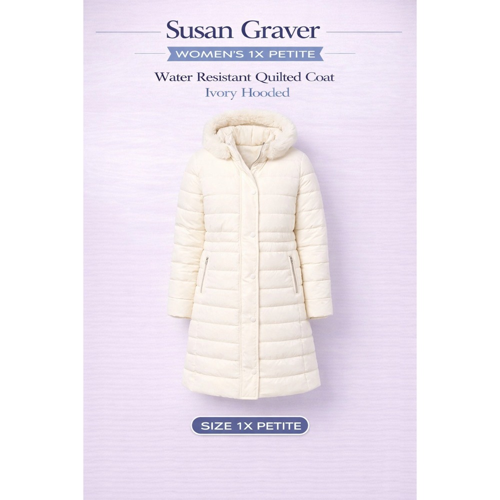 Susan Graver Ivory Quilted Hooded Water Resistant Coat‎ 1X Petite A670981 NWOT